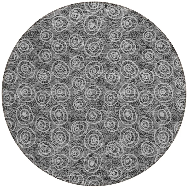 8' Gray Charcoal And Silver Round Geometric Washable Indoor Outdoor Area Rug