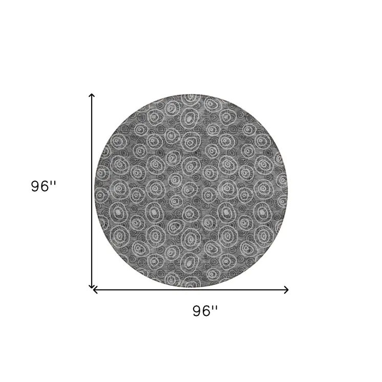 8' Gray Charcoal And Silver Round Geometric Washable Indoor Outdoor Area Rug