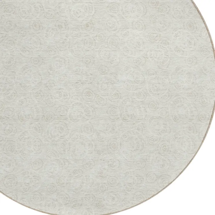 8' Ivory And Beige Round Geometric Washable Indoor Outdoor Area Rug