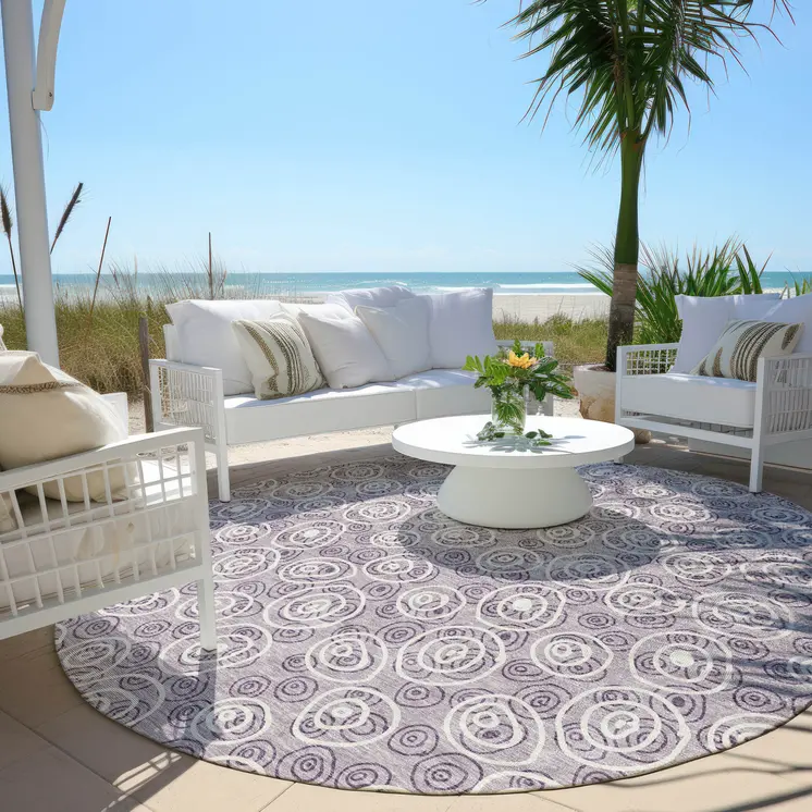 8' Lavender Purple And Ivory Round Geometric Washable Indoor Outdoor Area Rug