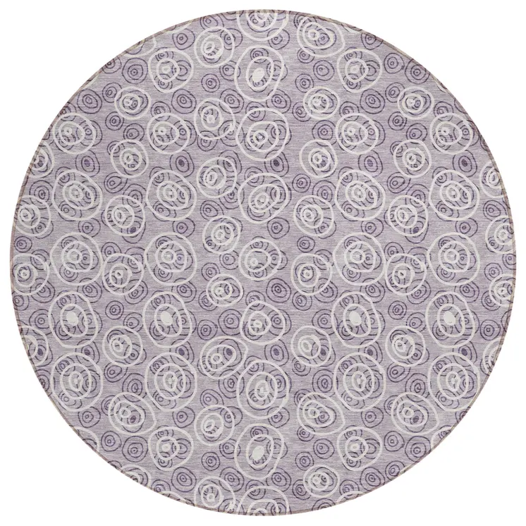 8' Lavender Purple And Ivory Round Geometric Washable Indoor Outdoor Area Rug