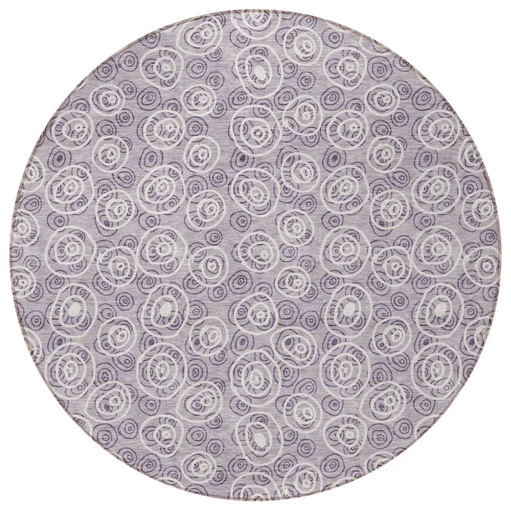 8' Lavender Purple And Ivory Round Geometric Washable Indoor Outdoor Area Rug