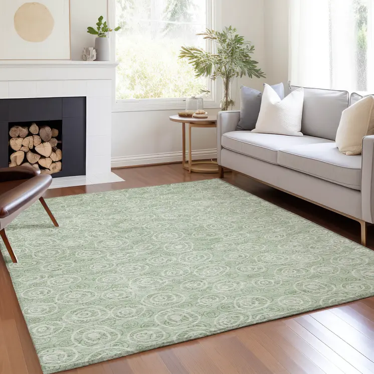 8' X 10' Mint Green Artichoke Green And Ivory Geometric Washable Indoor Outdoor Area Rug