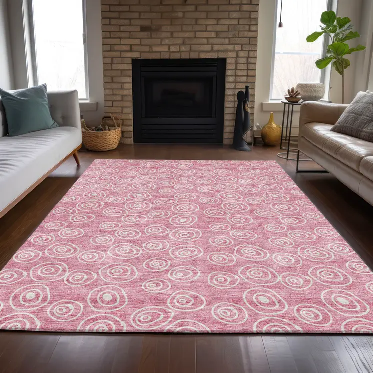 10' X 14' Pink And Ivory Geometric Washable Indoor Outdoor Area Rug