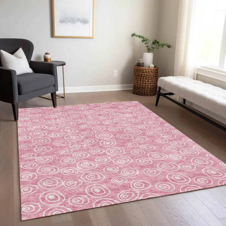 10' X 14' Pink And Ivory Geometric Washable Indoor Outdoor Area Rug