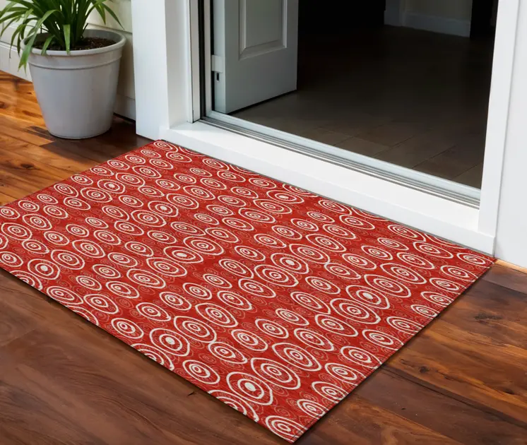 3' X 5' Red And Ivory Geometric Washable Indoor Outdoor Area Rug