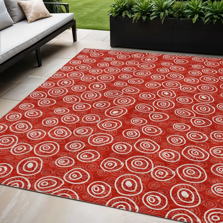 5' X 8' Red And Ivory Geometric Washable Indoor Outdoor Area Rug