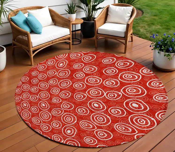 8' Red And Ivory Round Geometric Washable Indoor Outdoor Area Rug
