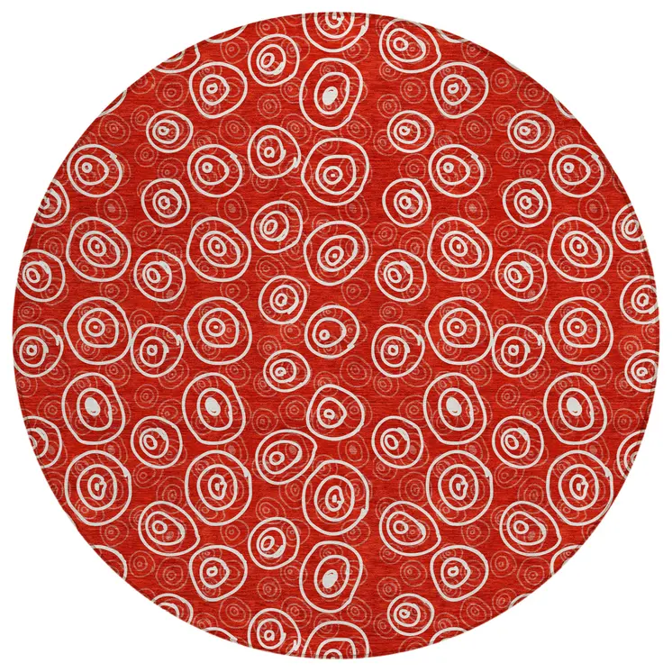 8' Red And Ivory Round Geometric Washable Indoor Outdoor Area Rug