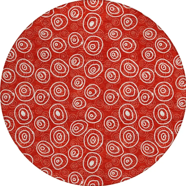 8' Red And Ivory Round Geometric Washable Indoor Outdoor Area Rug