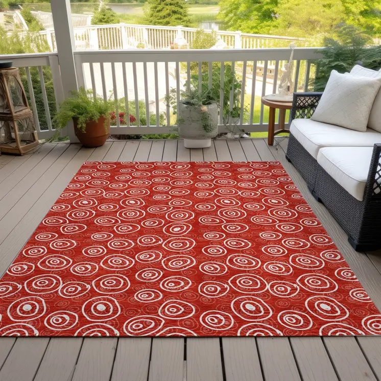 8' X 10' Red And Ivory Geometric Washable Indoor Outdoor Area Rug