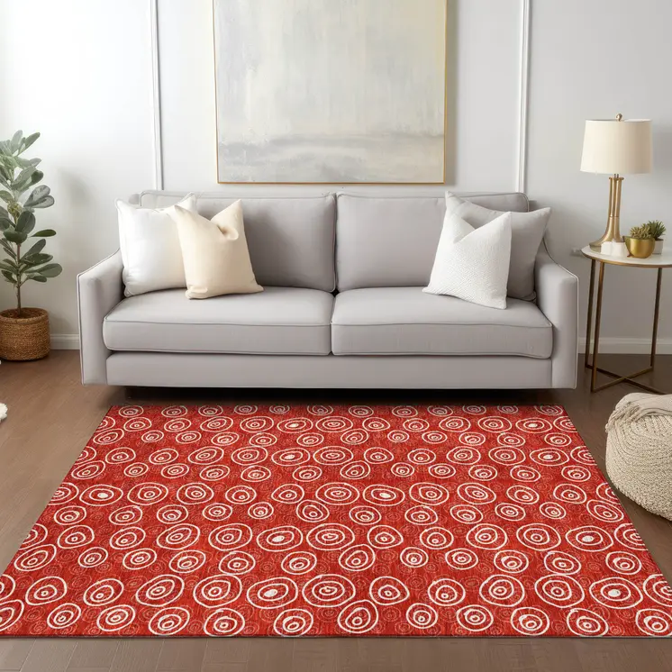 8' X 10' Red And Ivory Geometric Washable Indoor Outdoor Area Rug