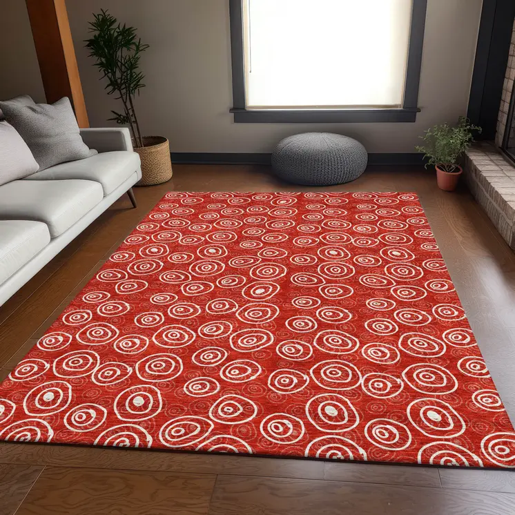 9' X 12' Red And Ivory Geometric Washable Indoor Outdoor Area Rug