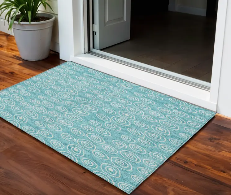 3' X 5' Teal Blue And Ivory Geometric Washable Indoor Outdoor Area Rug
