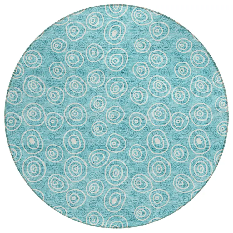 8' Teal Blue And Ivory Round Geometric Washable Indoor Outdoor Area Rug