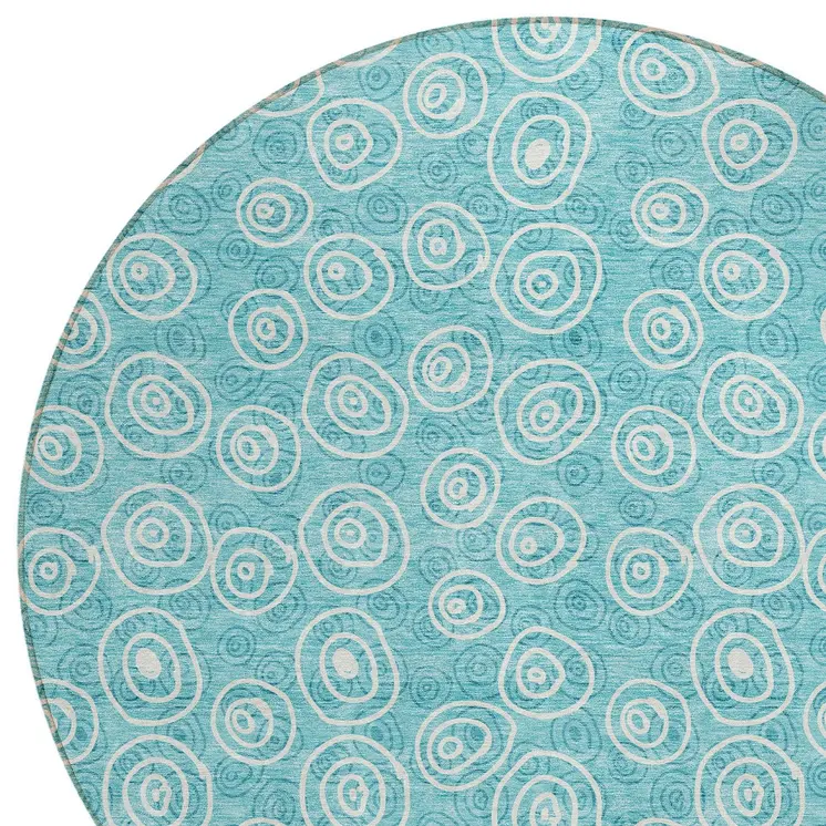 8' Teal Blue And Ivory Round Geometric Washable Indoor Outdoor Area Rug