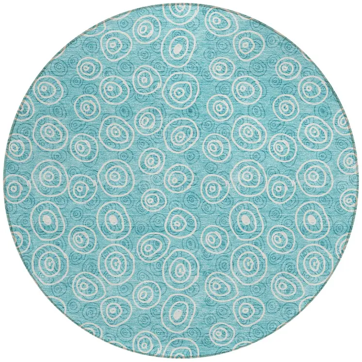 8' Teal Blue And Ivory Round Geometric Washable Indoor Outdoor Area Rug