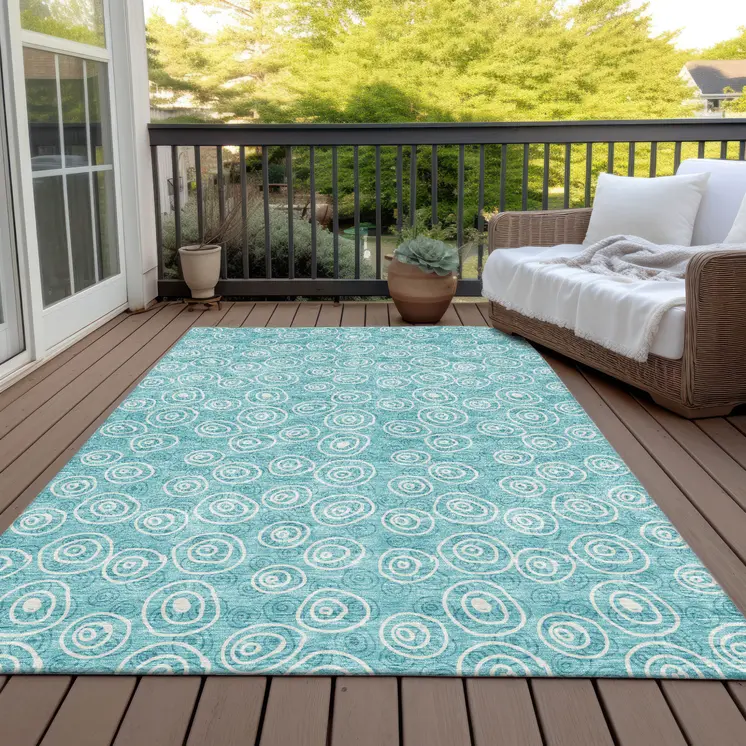 9' X 12' Teal Blue And Ivory Geometric Washable Indoor Outdoor Area Rug