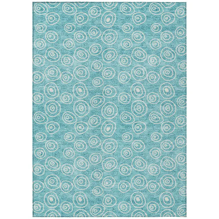 9' X 12' Teal Blue And Ivory Geometric Washable Indoor Outdoor Area Rug