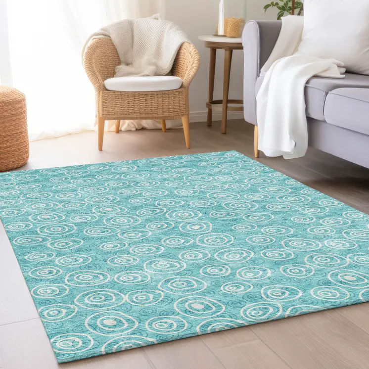 9' X 12' Teal Blue And Ivory Geometric Washable Indoor Outdoor Area Rug