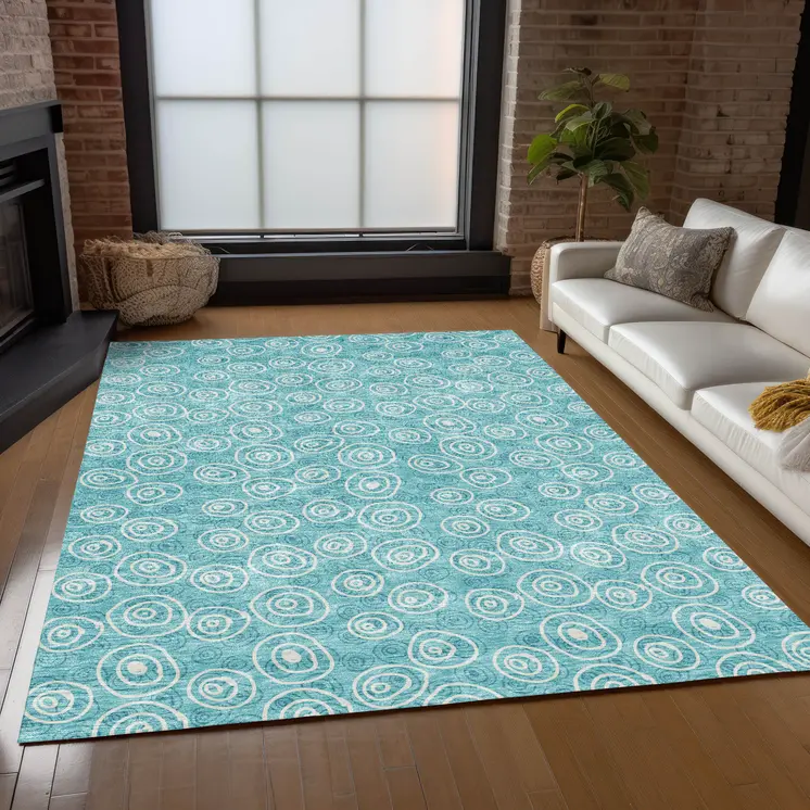 9' X 12' Teal Blue And Ivory Geometric Washable Indoor Outdoor Area Rug