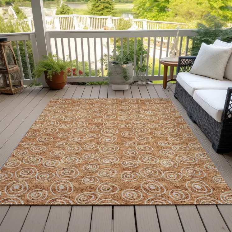 5' X 8' Terra Cotta Copper And Beige Geometric Washable Indoor Outdoor Area Rug