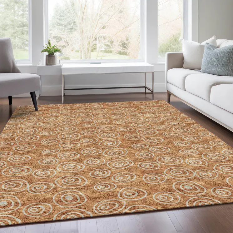 5' X 8' Terra Cotta Copper And Beige Geometric Washable Indoor Outdoor Area Rug