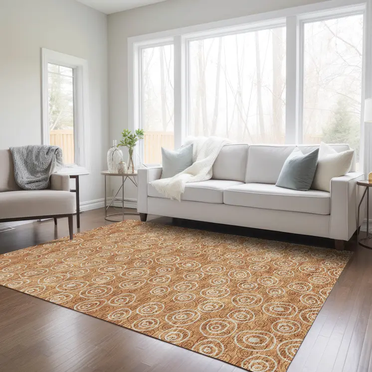 5' X 8' Terra Cotta Copper And Beige Geometric Washable Indoor Outdoor Area Rug