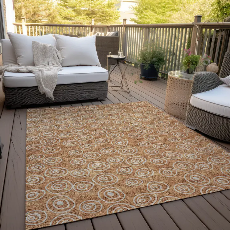 5' X 8' Terra Cotta Copper And Beige Geometric Washable Indoor Outdoor Area Rug