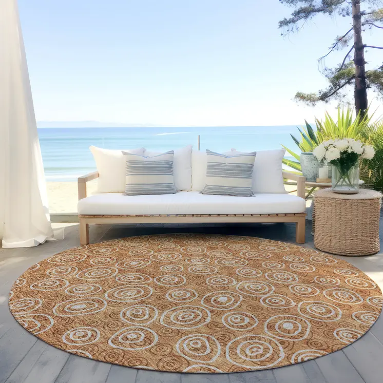 8' Terra Cotta Copper And Beige Round Geometric Washable Indoor Outdoor Area Rug