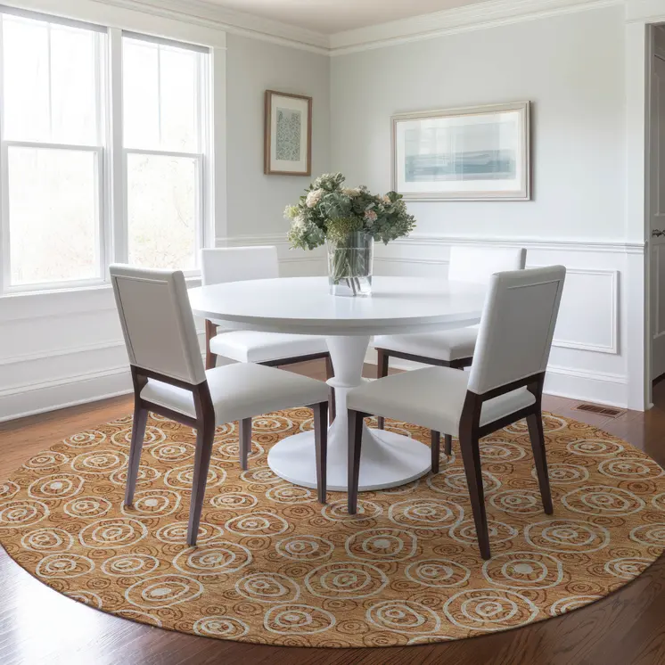 8' Terra Cotta Copper And Beige Round Geometric Washable Indoor Outdoor Area Rug
