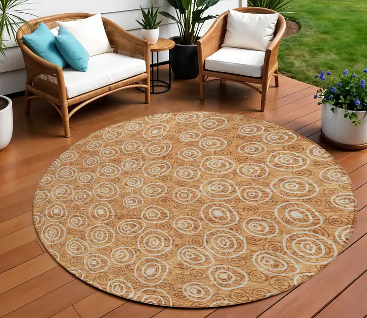 8' Terra Cotta Copper And Beige Round Geometric Washable Indoor Outdoor Area Rug