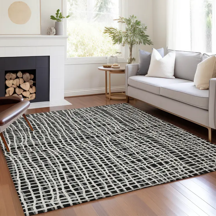5' X 8' Black Gray And Ivory Striped Washable Indoor Outdoor Area Rug
