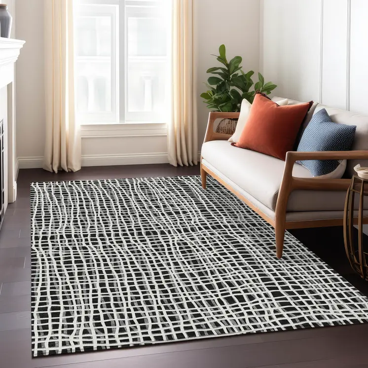 10' X 14' Black Gray And Ivory Striped Washable Indoor Outdoor Area Rug
