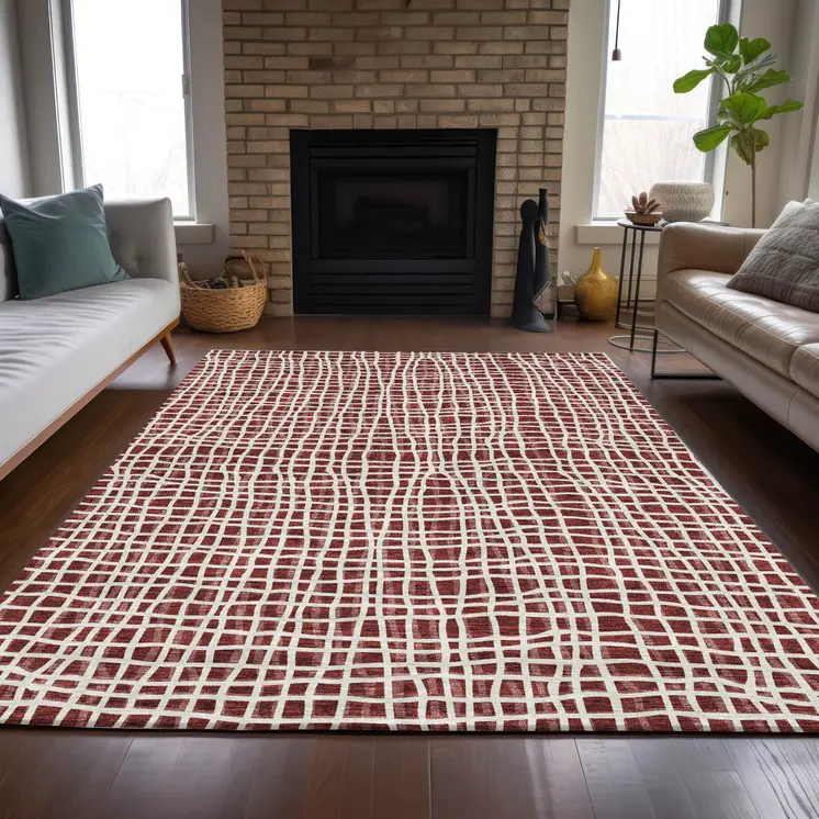 3' X 5' Burgundy And Ivory Striped Washable Indoor Outdoor Area Rug