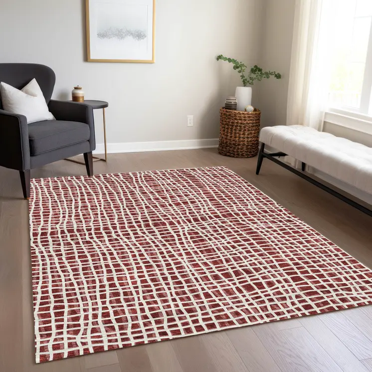 3' X 5' Burgundy And Ivory Striped Washable Indoor Outdoor Area Rug