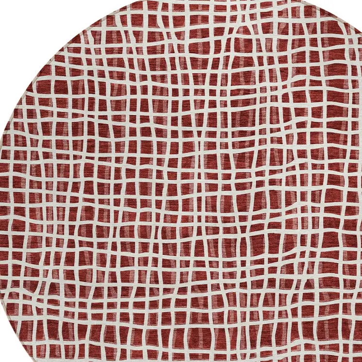 8' Burgundy And Ivory Round Striped Washable Indoor Outdoor Area Rug