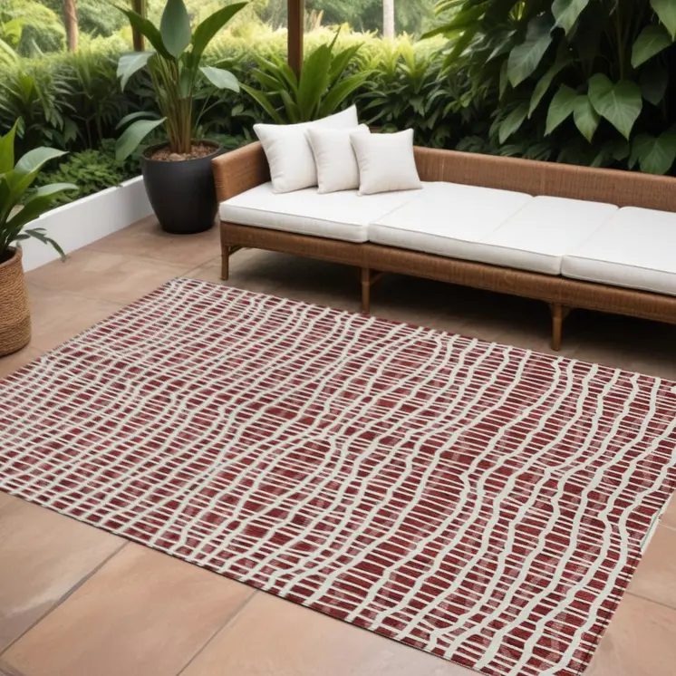 8' X 10' Burgundy And Ivory Striped Washable Indoor Outdoor Area Rug