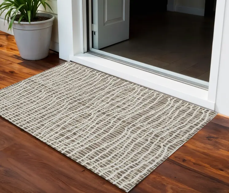 3' X 5' Brown Beige And Ivory Striped Washable Indoor Outdoor Area Rug