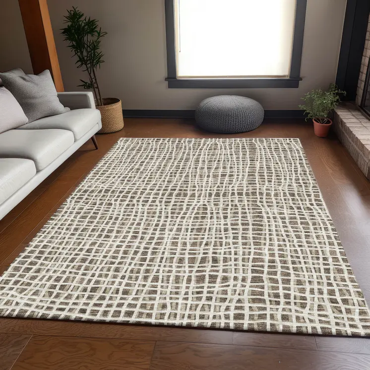 3' X 5' Brown Beige And Ivory Striped Washable Indoor Outdoor Area Rug