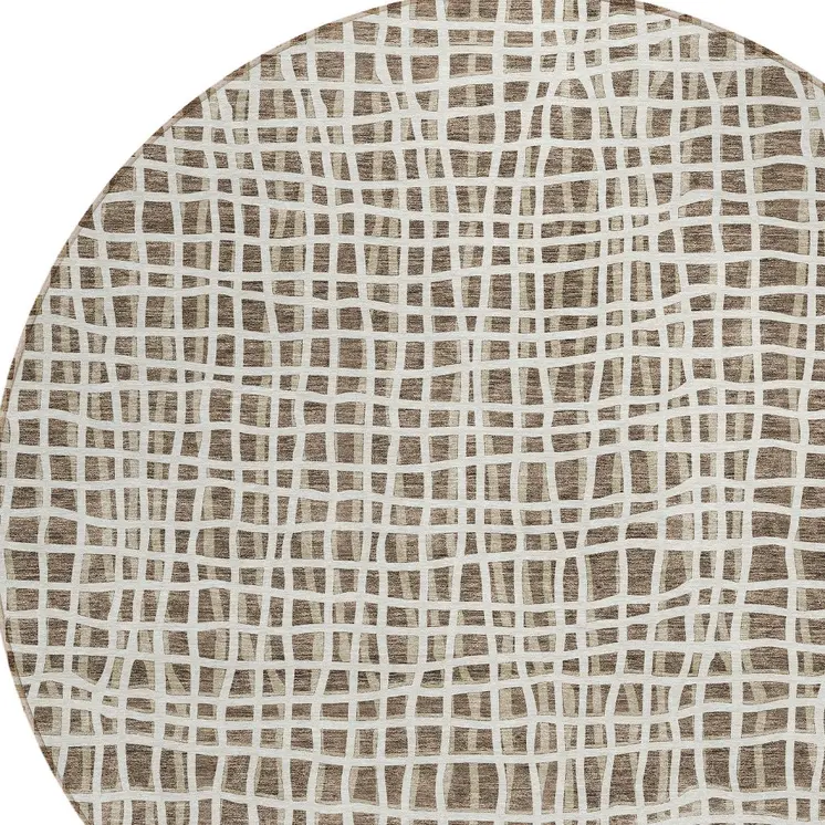 8' Brown Beige And Ivory Round Striped Washable Indoor Outdoor Area Rug