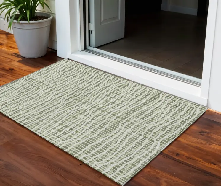 3' X 5' Green And Ivory Striped Washable Indoor Outdoor Area Rug