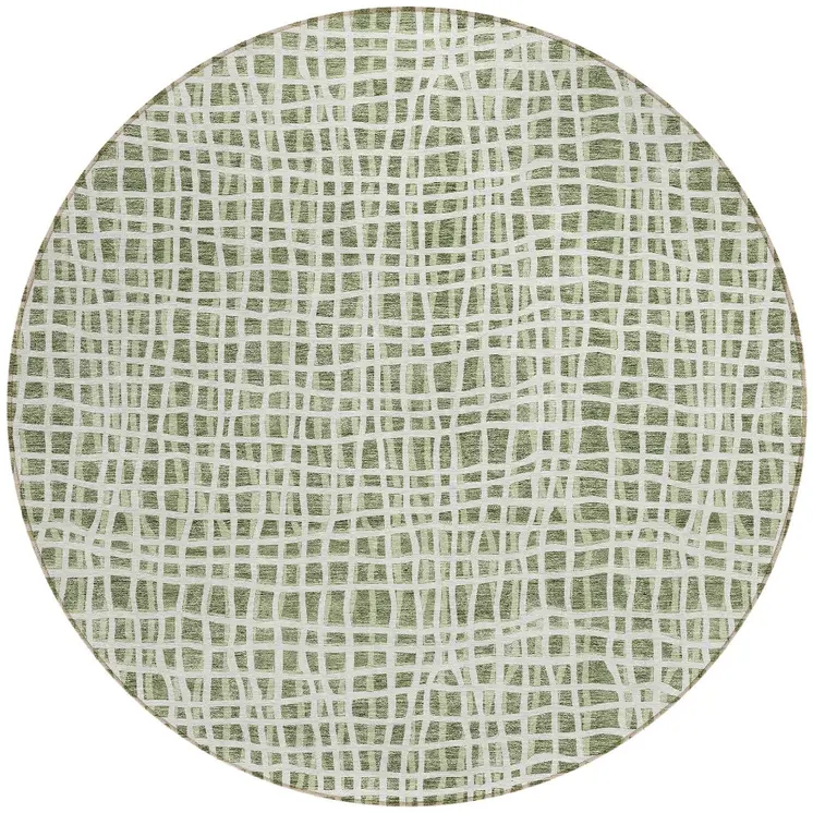 8' Green And Ivory Round Striped Washable Indoor Outdoor Area Rug