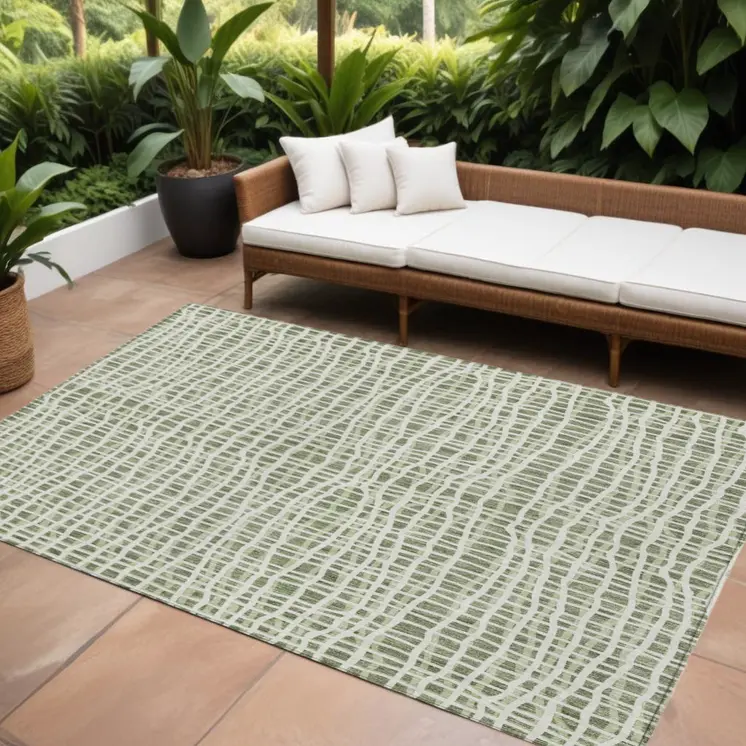 9' X 12' Green And Ivory Striped Washable Indoor Outdoor Area Rug