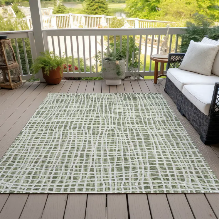 9' X 12' Green And Ivory Striped Washable Indoor Outdoor Area Rug