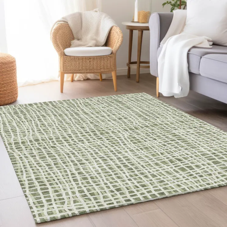 9' X 12' Green And Ivory Striped Washable Indoor Outdoor Area Rug
