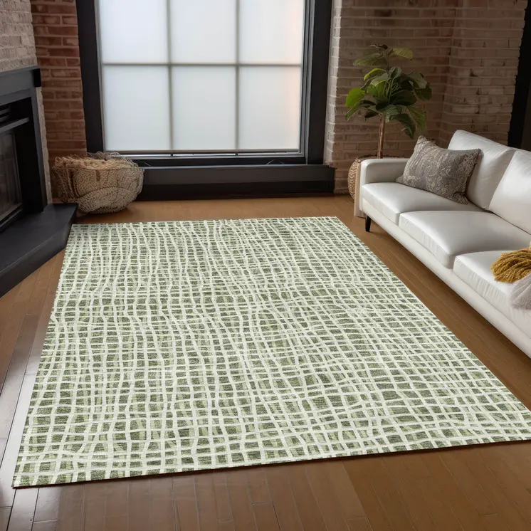 9' X 12' Green And Ivory Striped Washable Indoor Outdoor Area Rug