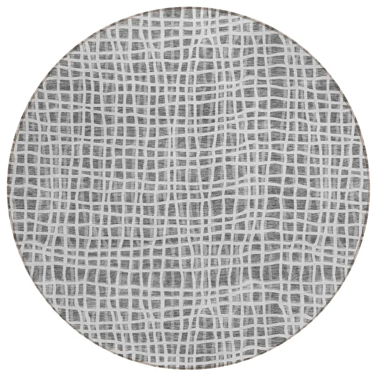 8' Gray Charcoal And Silver Round Striped Washable Indoor Outdoor Area Rug