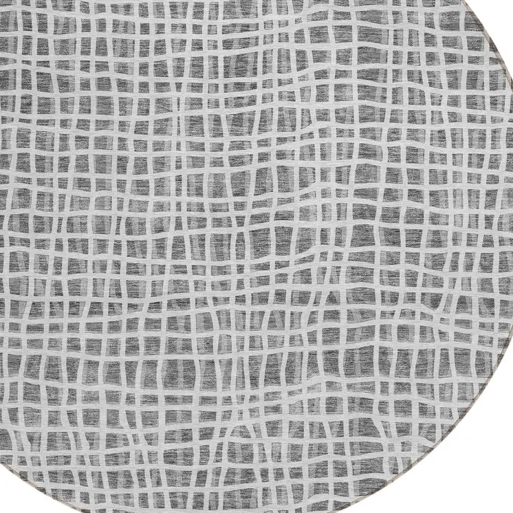 8' Gray Charcoal And Silver Round Striped Washable Indoor Outdoor Area Rug