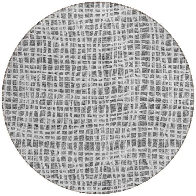 8' Gray Charcoal And Silver Round Striped Washable Indoor Outdoor Area Rug